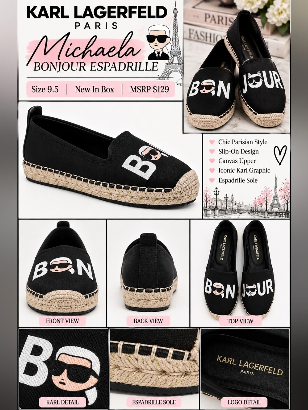 Karl Lagerfeld Michaela Bonjour Espadrille — Black Slip-On Women’s Shoe - NIB